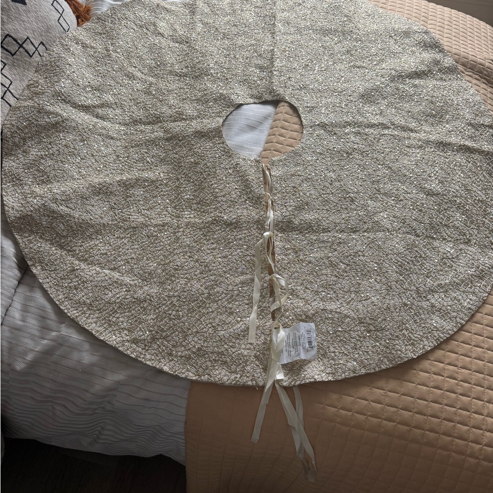 Gold  Tree Skirt with Ribbon Ties 48 inch round- spider web design